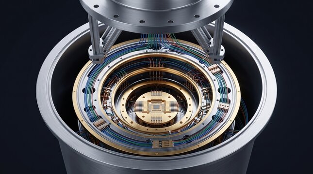 Photorealistic render of a quantum computer dilution refrigerator cooling system with concentric gold copper cooling stages, wiring harnesses and cryogenic vessel. Gold-black industrial