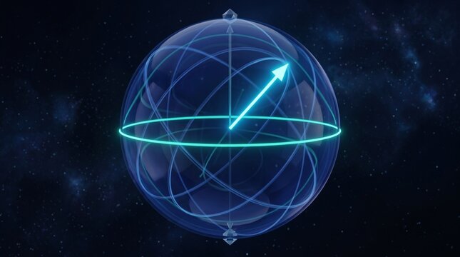 Scientific visualization of quantum Bloch sphere with qubit state vector, quantum gate operations and superposition visualization. Deep blue cosmic aesthetic. Ultra-sharp, zero noise