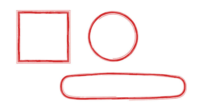 Versatile set of distressed frames, featuring grunge-style red square, circular, and rectangular shapes, ideal for adding a rustic touch to any design on a white background.