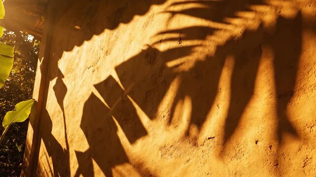 Shadows of palm leaves fall on a warm textured clay wall at sunset