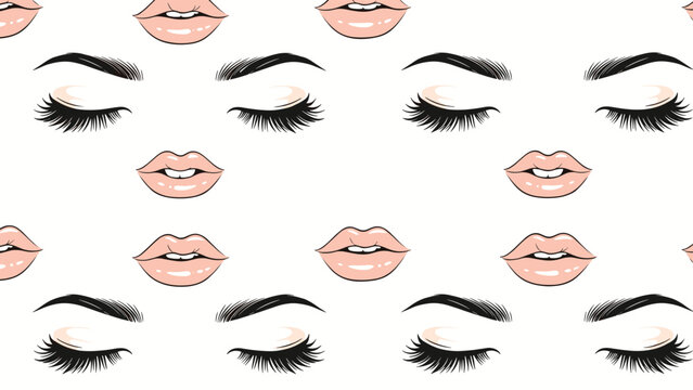 Chic seamless beauty pattern, showcasing stylized cartoon female faces with alluring closed eyes, lush long eyelashes, and plump pink lips, on a pristine white background.