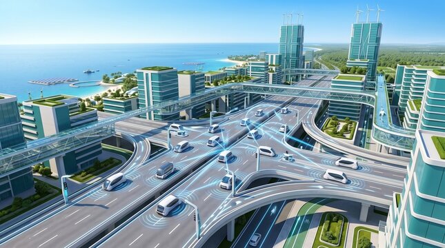 Clean 3D illustration of autonomous self-driving vehicles on smart road network with vehicle-to-vehicle and infrastructure communication beams visible. Blue network lines, white vehicles