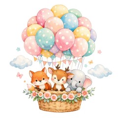 Fototapeta premium Cute animals in balloon basket.