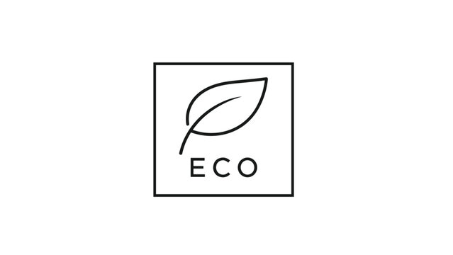 Minimalist eco-friendly logo design, featuring a clean black outline of a leaf icon neatly enclosed within a rectangular frame, prominently displaying the word "eco" on a pristine white background.