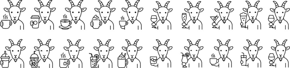 Fototapeta premium set of characters—specifically a goat holding various glasses and cups of drinks in its hooves—in a line art style