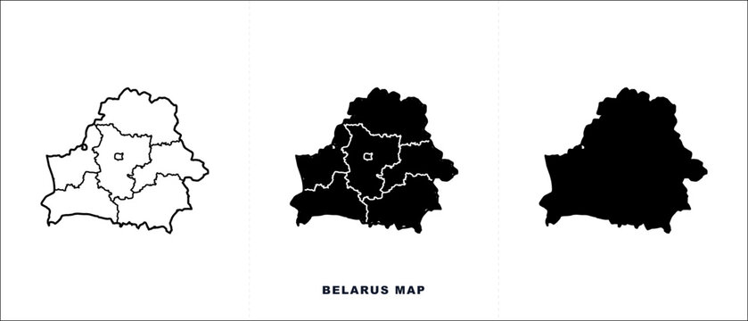 Belarus map vector set, black silhouette and outline administrative borders of Belarus, 3 minimalist geographic icons for infographics and travel design