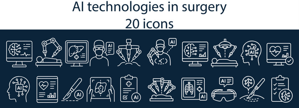Line art icon set depicting the application of artificial intelligence technologies in medicine, specifically in surgery