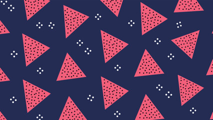 Fototapeta premium Dynamic seamless pattern featuring vibrant red speckled triangles interspersed with small white dots, creating an energetic and modern design on a dark blue background.