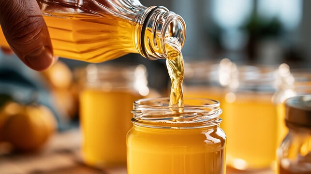 Pouring golden honey from a glass bottle into a jar, showcasing the natural sweetness and rich amber color of the liquid