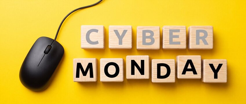 Cyber monday concept with wooden blocks and a computer mouse on yellow background
