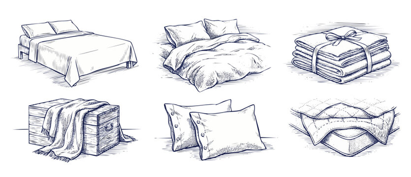 Bedding sketch set bed drawing including pillows, blankets, folded linens, mattress topper, and wooden chest storage illustrations in vintage hand drawn engraved style isolated on white background.