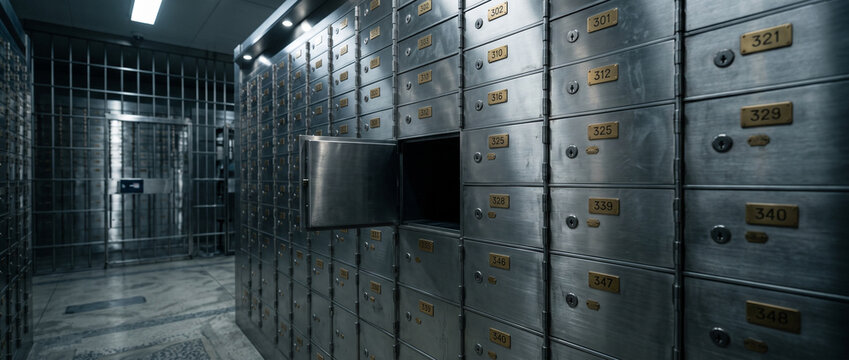 Bank Vault Security Interior with Safe Deposit Boxes, Financial Protection and Secure Asset Storage