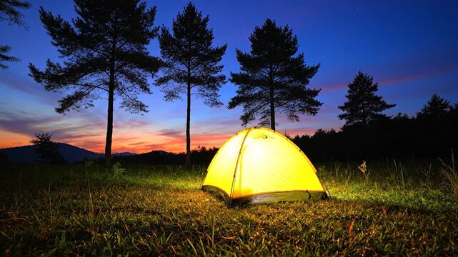 A glowing yellow tent stands under a colorful sunset sky in the forest