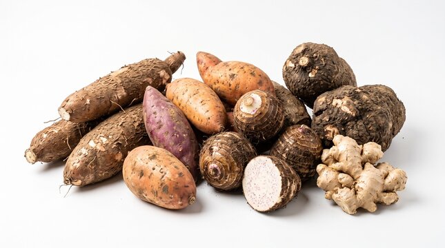 Assorted fresh root vegetables including cassava, sweet potato, taro, yam, and ginger isolated on a pure white background, healthy organic food collection.