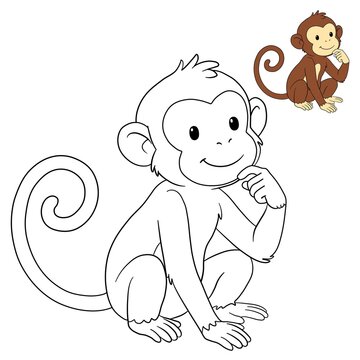 Curious cartoon monkey outline drawing for children's coloring book pages, featuring a thoughtful primate ready to be colored with vibrant shades for fun activity
