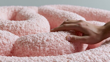 Plakat Soft pink donut bed with a hand touching the plush surface, showcasing comfort and relaxation for pets and cozy home decor