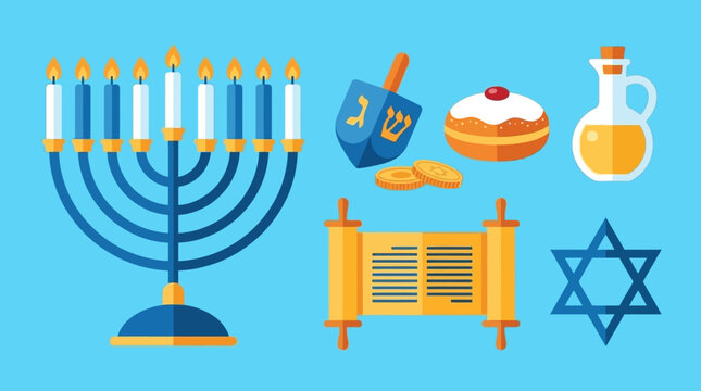Flat vector illustration of Hanukkah symbols including menorah and dreidel