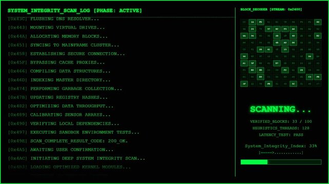 System Integrity Scan Log Block Decoder Animation.