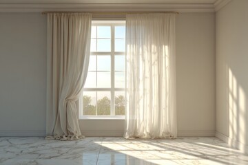 Fototapeta premium Empty room interior features sheer and opaque draperies framing a bright window with exterior foliage visible