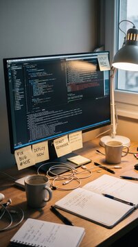 Computer monitor displaying programming code on a messy desk with sticky notes and coffee, representing software development and coding workflow in a home office.