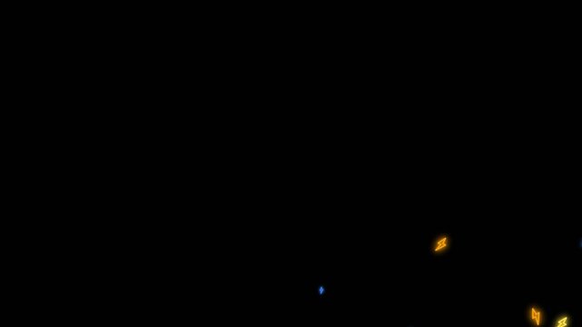Colorful glowing neon lightning bolt icons floating upward in a dark background creating an animated motion graphic video sequence effect