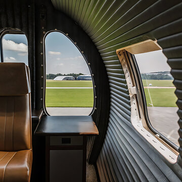 Aircraft interior view through rounded windows overlooking an airport runway and hangar buildings airplane aviation