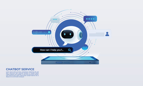 Infographic Chatbot technology for smartphones, futuristic AI-powered virtual assistant for customer service, includes prompt bar. Futuristic intelligent search automation, AI chatbot, Business, tech