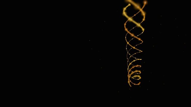 Golden glowing dna helix structure rotating in dark space captured as high quality digital motion video footage for science projects