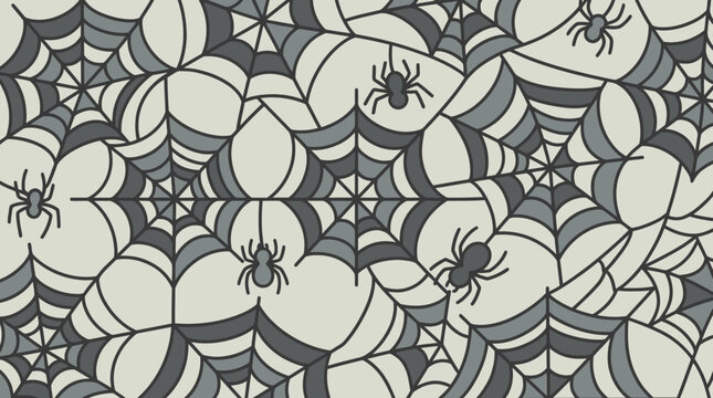 A seamless pattern featuring stylized spider webs and small spiders