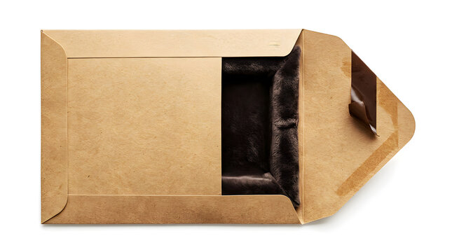 Open brown paper envelope with dark plush interior isolated on white background