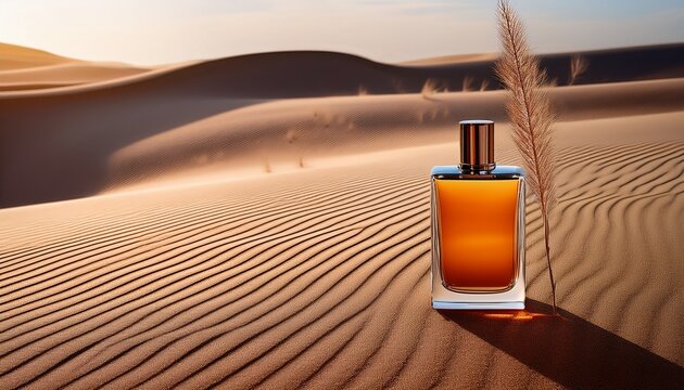 Amber Perfume Bottle With A Single Dry Grass Stem On Desert Sand With Ripples Product Mockup For Beauty And Luxury