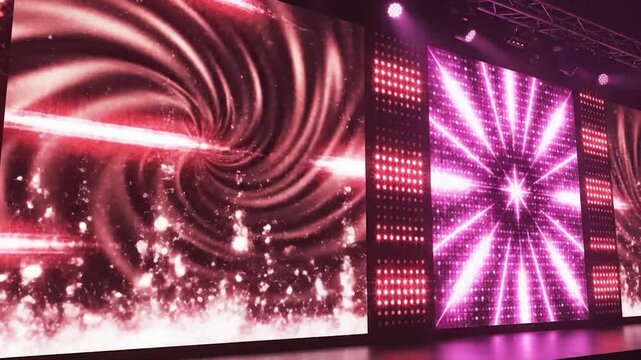 Abstract pink spiral and starburst patterns on large LED stage screens