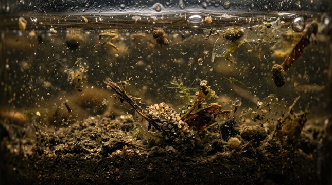 close-up of dirty water highlighting suspended particles, sediment layers, organic debris, and textured water surface for pollution and water quality concepts.