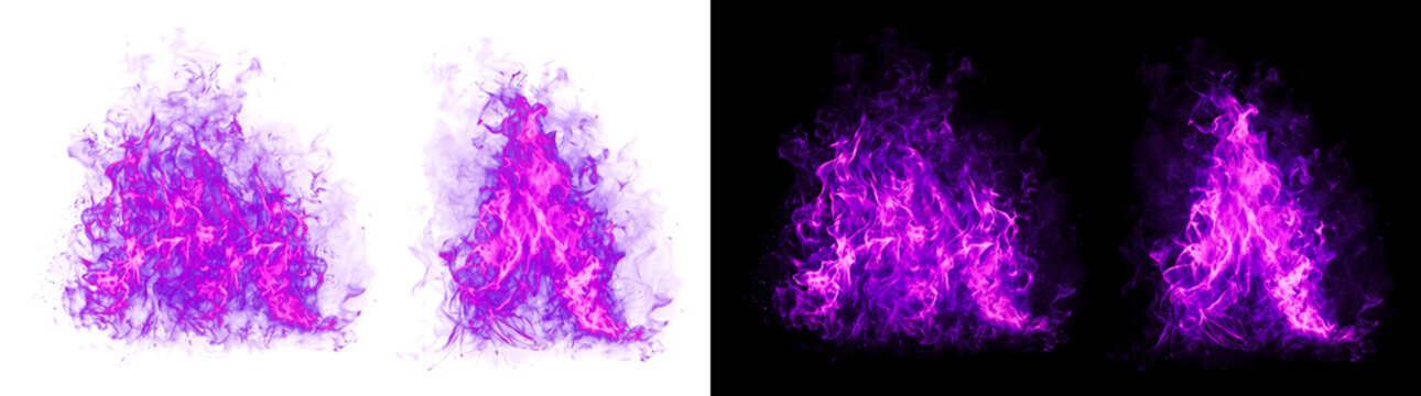 Purple fire flames burning intensely in a bonfire shape with realistic smoky tongues and bright magenta glow on a black background with PNG, Transparent and Black Background Versions arranged