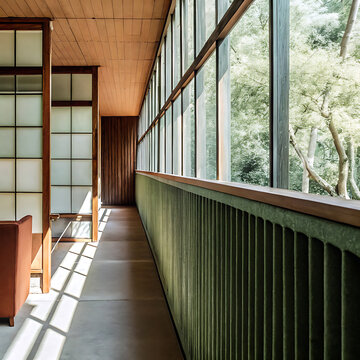 Architectural photograph of a building corridor with wooden paneling and a green metal railing architecture