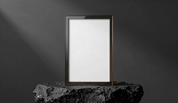 Vertical smoked glass frame mockup on dark volcanic rock podium with moody studio lighting