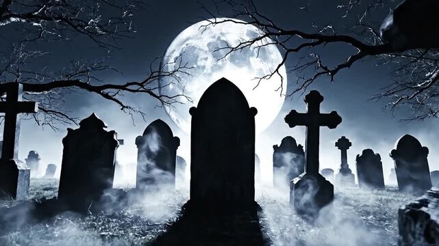 Spooky graveyard with tombstones under a full moon at night