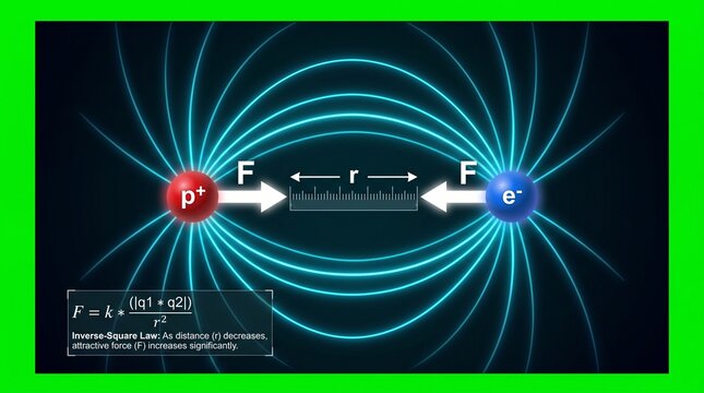 Coulomb law physics diagram. Charged particles attracting with electric field lines.
