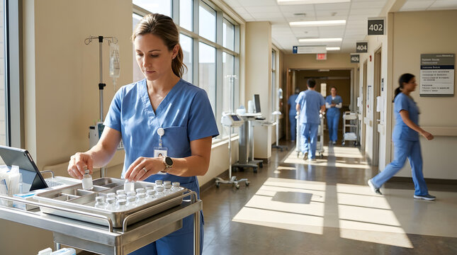 Female nurse organizing medication vials on a cart in a bright hospital hallway. Healthcare professional preparing treatments in modern clinic
