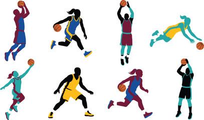 Basketball players silhouettes set featuring male and female athletes dribbling shooting jumping and defending actions © MdMenhajul