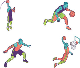 Basketball players isometric vector illustration set with athletes shooting dribbling defending and slam dunk action poses © MdMenhajul
