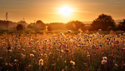 Naklejka premium A Tranquil Field Of Wildflowers Is Bathed In Warm Golden Hour Sunlight Creating A Beautiful And Serene Natural Landscape