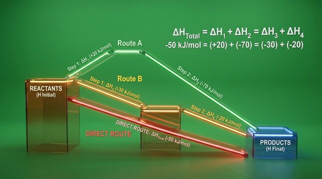Chemical energy diagram showing reaction pathways. Hess law enthalpy change visualization.