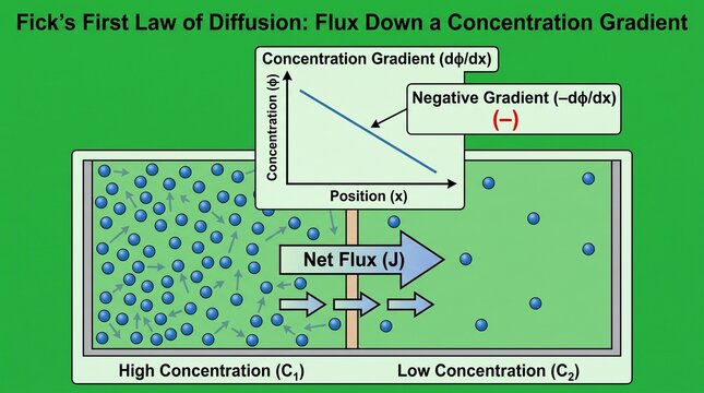 Fick's First Law of Diffusion diagram. Particle movement across a concentration gradient.