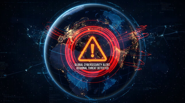 Cybersecurity Alert: A stylized globe displays a global cybersecurity alert with a prominent warning sign and digital threat indicators, symbolizing an imminent digital danger.