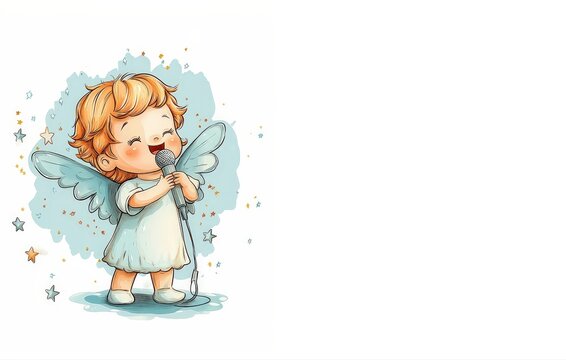 Cute little angel singing with a microphone Watercolor illustration on a white background
