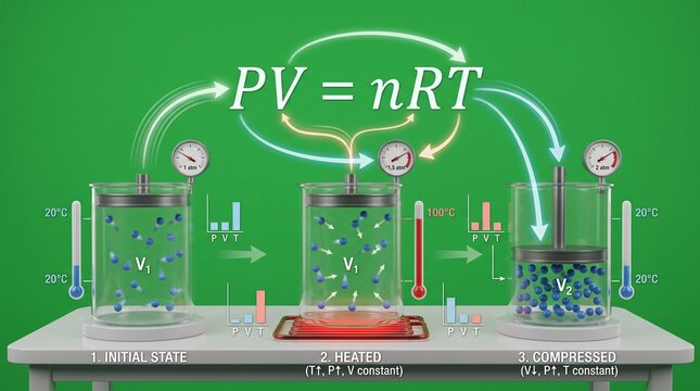 Ideal gas law demonstration with pressure, volume, and temperature. Science lab experiment showing PV=nRT formula with digital sensors and apparatus.