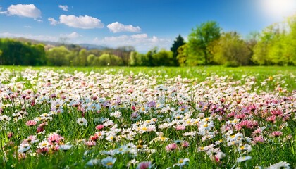 Fototapeta premium Meadow With Lots Of White And Pink Spring Daisy Flowers In Sunny Day