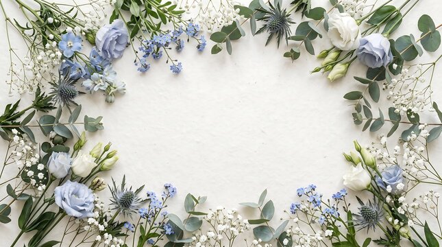 Elegant floral frame with blue roses and eucalyptus, delicate flower border on white textured background, romantic wedding invitation template