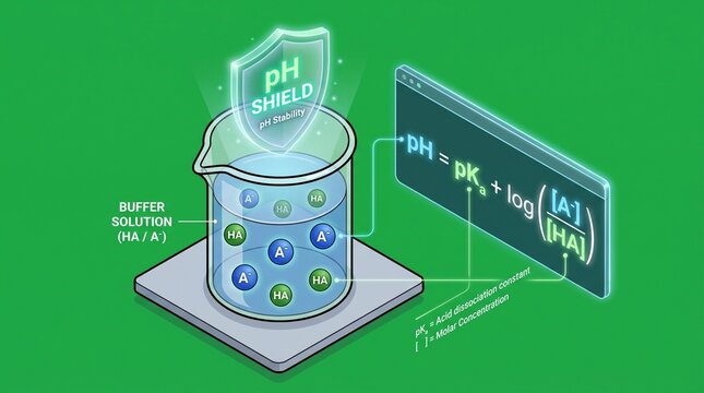 Isometric chemical buffer system diagram. Scientific illustration of pH balance and formula.